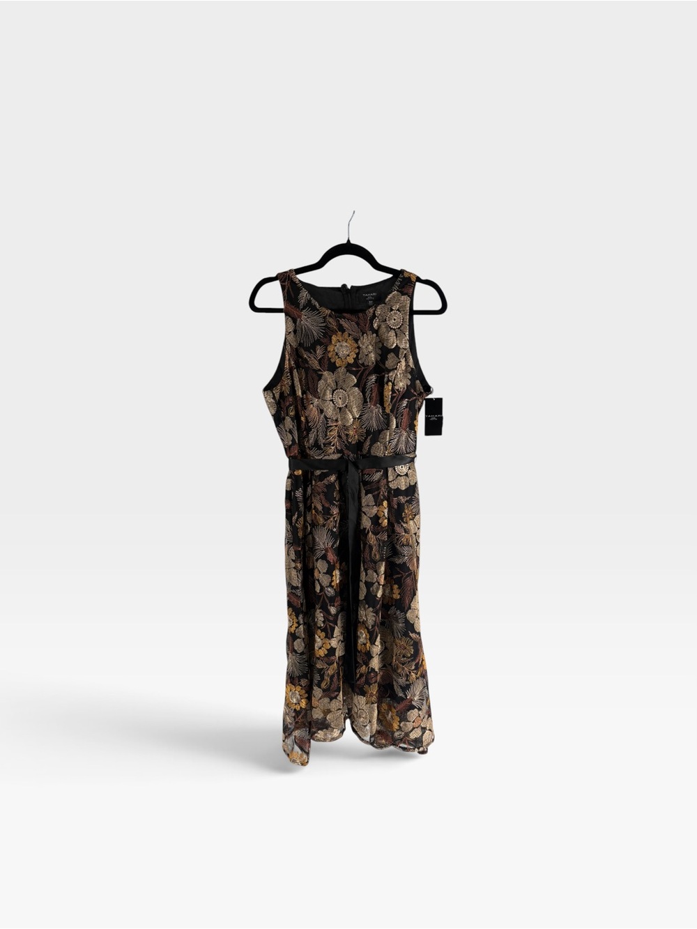 New TAHARI ASL PETITE Black Floral Midi Dress with Tie Waist SIZE 10P - Picture 2 of 5